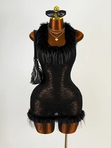Mistrie Women's Fur Collar Lace Sexy Fitted Sleeveless Dress - Black - View 5
