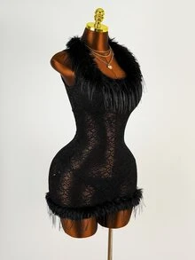 Mistrie Women's Fur Collar Lace Sexy Fitted Sleeveless Dress - Black - View 3