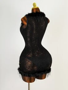 Mistrie Women's Fur Collar Lace Sexy Fitted Sleeveless Dress - Black - View 2