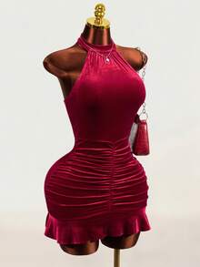 Mistrie Women's Solid Color Elegant Halter Neck Velvet Pleated Dress - Burgundy - View 1