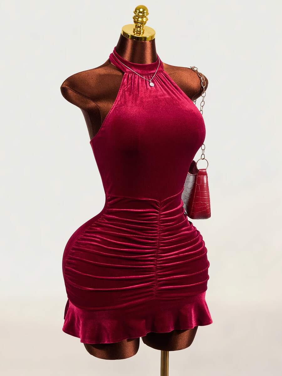 Mistrie Women's Solid Color Elegant Halter Neck Velvet Pleated Dress - Burgundy - View 1