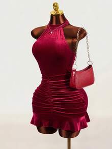 Mistrie Women's Solid Color Elegant Halter Neck Velvet Pleated Dress - Burgundy - View 5