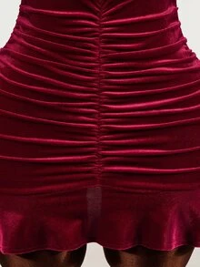 Mistrie Women's Solid Color Elegant Halter Neck Velvet Pleated Dress - Burgundy - View 8