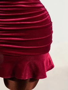 Mistrie Women's Solid Color Elegant Halter Neck Velvet Pleated Dress - Burgundy - View 7