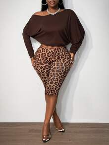 BamGleam Women's Sexy 2 Pieces Set With Asymmetrical Shoulder Top And Leopard Print Fitted Capri Pants - Brown - View 4