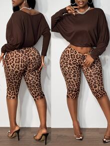 BamGleam Women's Sexy 2 Pieces Set With Asymmetrical Shoulder Top And Leopard Print Fitted Capri Pants - Brown - View 8