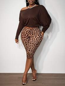 BamGleam Women's Sexy 2 Pieces Set With Asymmetrical Shoulder Top And Leopard Print Fitted Capri Pants - Brown - View 3
