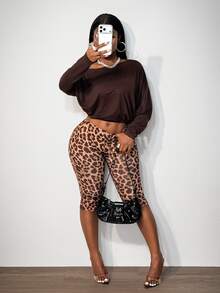 BamGleam Women's Sexy 2 Pieces Set With Asymmetrical Shoulder Top And Leopard Print Fitted Capri Pants - Brown - View 5
