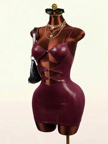 Mistrie Women's Glamorous Sexy Cutout Design Spaghetti Strap Mini Dress - Burgundy - View 1