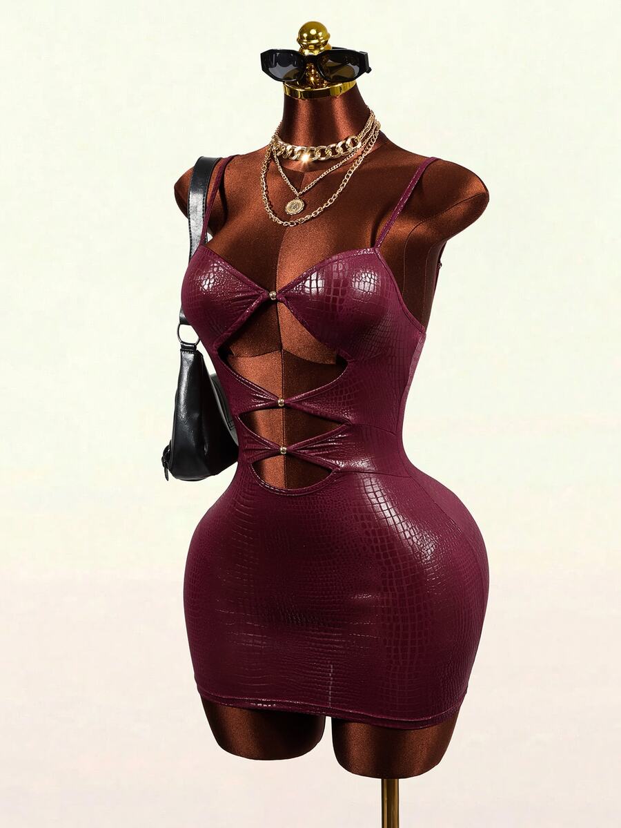 Mistrie Women's Glamorous Sexy Cutout Design Spaghetti Strap Mini Dress - Burgundy - View 1