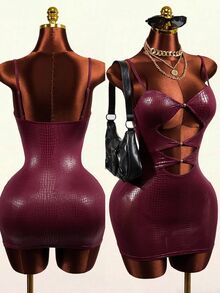 Mistrie Women's Glamorous Sexy Cutout Design Spaghetti Strap Mini Dress - Burgundy - View 10