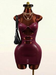 Mistrie Women's Glamorous Sexy Cutout Design Spaghetti Strap Mini Dress - Burgundy - View 3