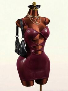 Mistrie Women's Glamorous Sexy Cutout Design Spaghetti Strap Mini Dress - Burgundy - View 5