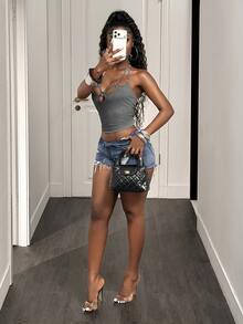 BamGleam Women's Sexy Metal Decor Halter Tank Top Night Out Club Grey Summer - Grey - View 8