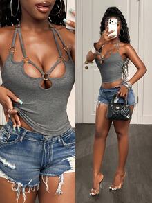 BamGleam Women's Sexy Metal Decor Halter Tank Top Night Out Club Grey Summer - Grey - View 9