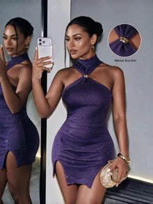 BamGleam European & American Party Purple Sequin Halter Neck Metal Buckle High Neck Sleeveless Backless Top With Ruched High Slit Bodycon Dress - Purple - View 2