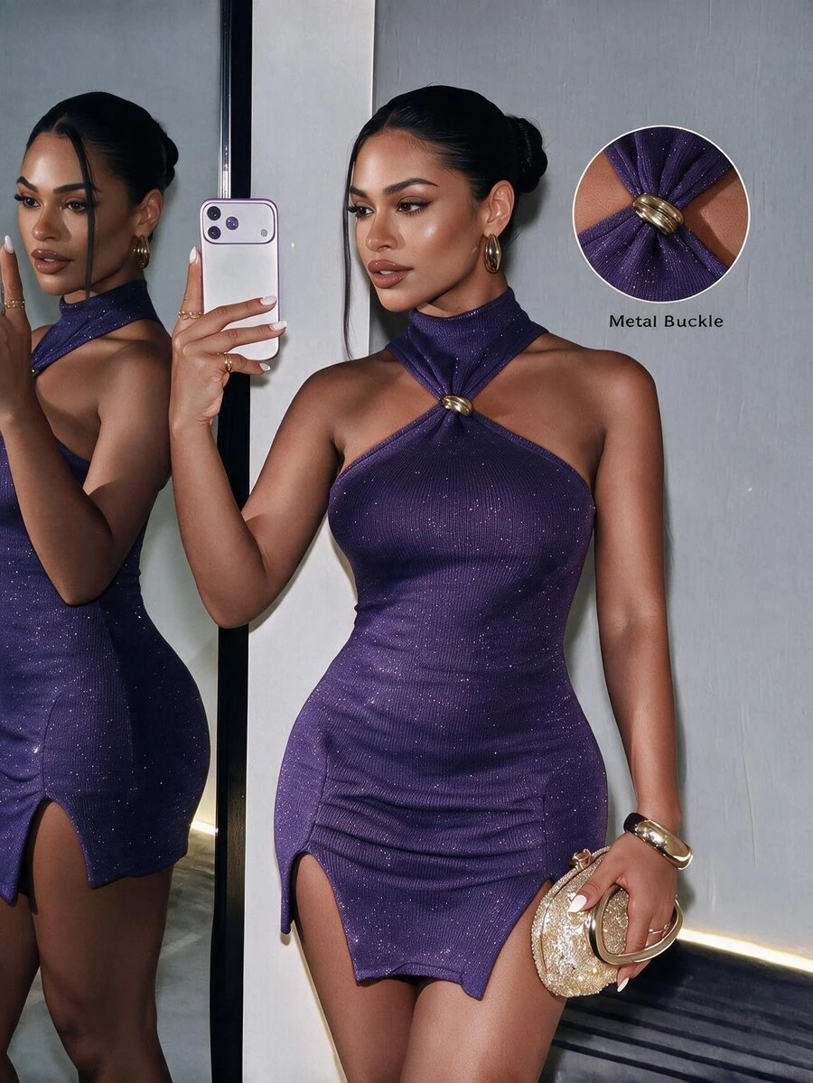 BamGleam European & American Party Purple Sequin Halter Neck Metal Buckle High Neck Sleeveless Backless Top With Ruched High Slit Bodycon Dress
