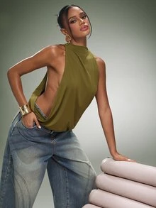 Denimoi Women's Solid Color Casual Versatile Daily Wear Halter Neck Top - Army Green - View 3