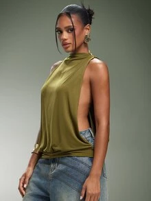 Denimoi Women's Solid Color Casual Versatile Daily Wear Halter Neck Top - Army Green - View 5