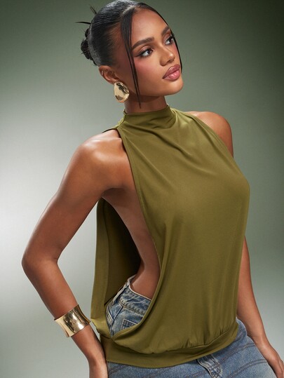 Denimoi Women's Solid Color Casual Versatile Daily Wear Halter Neck Top
