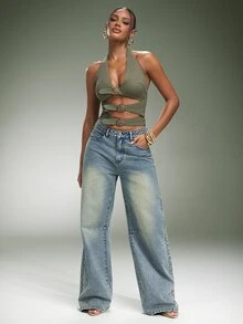 Denimoi Cut Out Buckle Detail Denim Halter Sexy Tops Denim On Denim Fashion Concert Outfits Festival - Olive Green - View 3