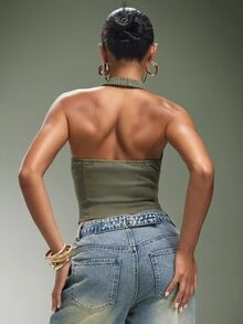 Denimoi Cut Out Buckle Detail Denim Halter Sexy Tops Denim On Denim Fashion Concert Outfits Festival - Olive Green - View 5