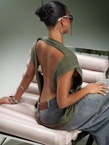 Denimoi Backless Oversized Tee With Oversized O-Ring Detail Studded Tee Fashionable Streetwear - Olive Green - View 2