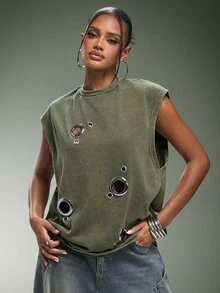 Denimoi Backless Oversized Tee With Oversized O-Ring Detail Studded Tee Fashionable Streetwear - Olive Green - View 3
