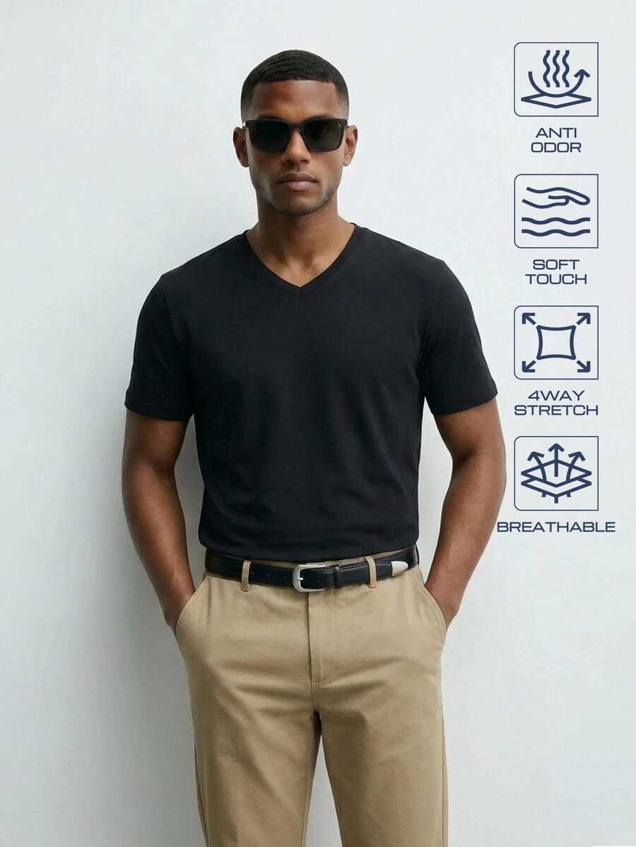 TekDrob Anti-Odor Regular T-Shirt With V Neck - Black - View 1