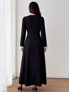 Modelyn Spring/Autumn Color-Block Lace Patchwork Black Long Sleeve Elegant Dress Saudi National Day  Renaissance Outfit Women  Business Formal Dress Elegant - Black - View 9