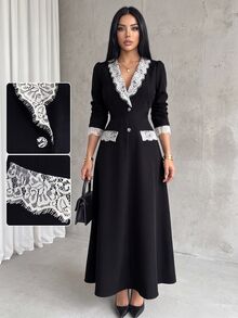 Modelyn Spring/Autumn Color-Block Lace Patchwork Black Long Sleeve Elegant Dress Saudi National Day  Renaissance Outfit Women  Business Formal Dress Elegant - Black - View 5
