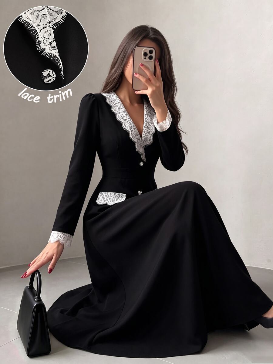 Modelyn Spring/Autumn Color-Block Lace Patchwork Black Long Sleeve Elegant Dress Saudi National Day  Renaissance Outfit Women  Business Formal Dress Elegant