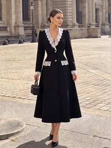 Modelyn Spring/Autumn Color-Block Lace Patchwork Black Long Sleeve Elegant Dress Saudi National Day  Renaissance Outfit Women  Business Formal Dress Elegant - Black - View 8