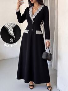 Modelyn Spring/Autumn Color-Block Lace Patchwork Black Long Sleeve Elegant Dress Saudi National Day  Renaissance Outfit Women  Business Formal Dress Elegant - Black - View 4
