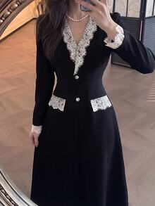 Modelyn Spring/Autumn Color-Block Lace Patchwork Black Long Sleeve Elegant Dress Saudi National Day  Renaissance Outfit Women  Business Formal Dress Elegant - Black - View 6