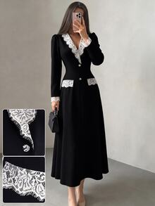 Modelyn Spring/Autumn Color-Block Lace Patchwork Black Long Sleeve Elegant Dress Saudi National Day  Renaissance Outfit Women  Business Formal Dress Elegant - Black - View 3
