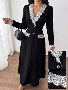 Modelyn Spring/Autumn Color-Block Lace Patchwork Black Long Sleeve Elegant Dress Saudi National Day  Renaissance Outfit Women  Business Formal Dress Elegant - Black - View 7