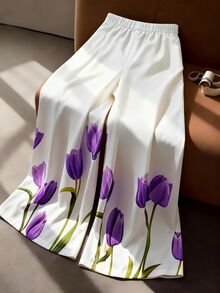 GlowEve CURVE 大码优雅花卉撞色长裤，松紧腰设计，适合日常通勤、外出、聚会和度假穿着。 - 紫色 - 查看 4