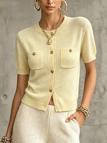 Ceyna Plus Size Fashion Minimalist Elegant Butter Yellow Short Sleeve Round Neck Chest Pocket Metal Button Cardigan Sweater, Daily Work Office Autumn Jacket - Yellow - View 3