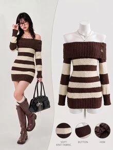 Elamini Women's Off-Shoulder Button Decor Fitted Contrast Stripe Asymmetrical Sheer Knit Vintage Versatile Autumn/Winter Sweater Dress - Brown - View 1
