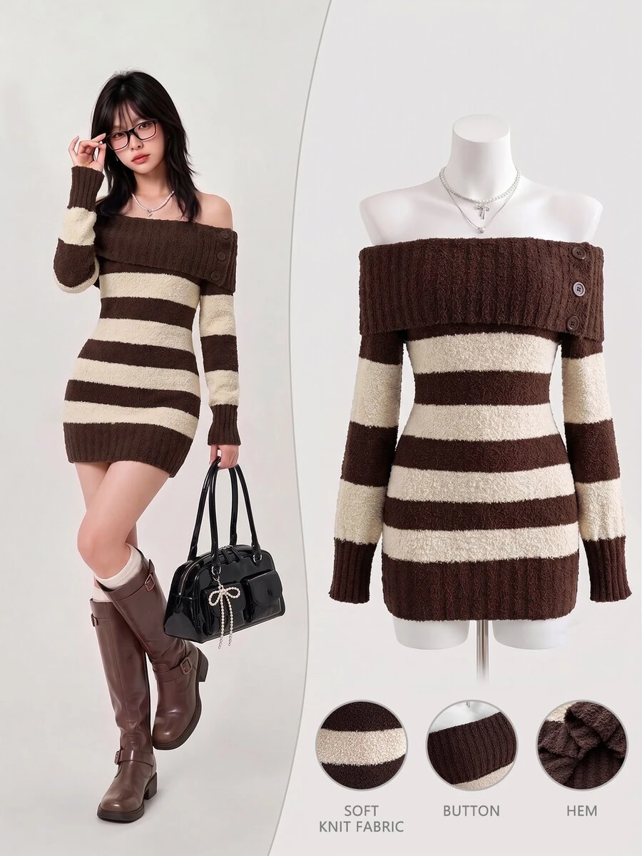 Elamini Women's Off-Shoulder Button Decor Fitted Contrast Stripe Asymmetrical Sheer Knit Vintage Versatile Autumn/Winter Sweater Dress - Brown - View 1