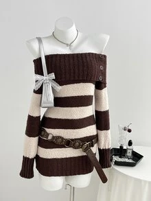 Elamini Women's Off-Shoulder Button Decor Fitted Contrast Stripe Asymmetrical Sheer Knit Vintage Versatile Autumn/Winter Sweater Dress - Brown - View 3