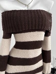 Elamini Women's Off-Shoulder Button Decor Fitted Contrast Stripe Asymmetrical Sheer Knit Vintage Versatile Autumn/Winter Sweater Dress - Brown - View 5