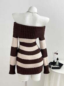 Elamini Women's Off-Shoulder Button Decor Fitted Contrast Stripe Asymmetrical Sheer Knit Vintage Versatile Autumn/Winter Sweater Dress - Brown - View 2