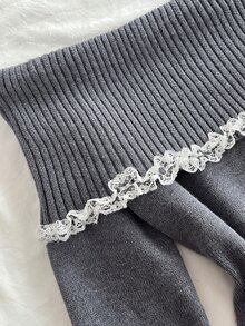 Elamini 女款修身蕾絲飾邊露肩長袖拼接綁帶蝴蝶結針織毛衣 - 灰色 - 查看 8