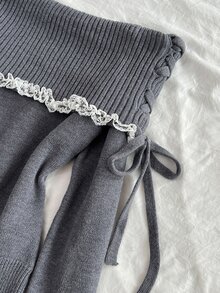 Elamini 女款修身蕾絲飾邊露肩長袖拼接綁帶蝴蝶結針織毛衣 - 灰色 - 查看 5
