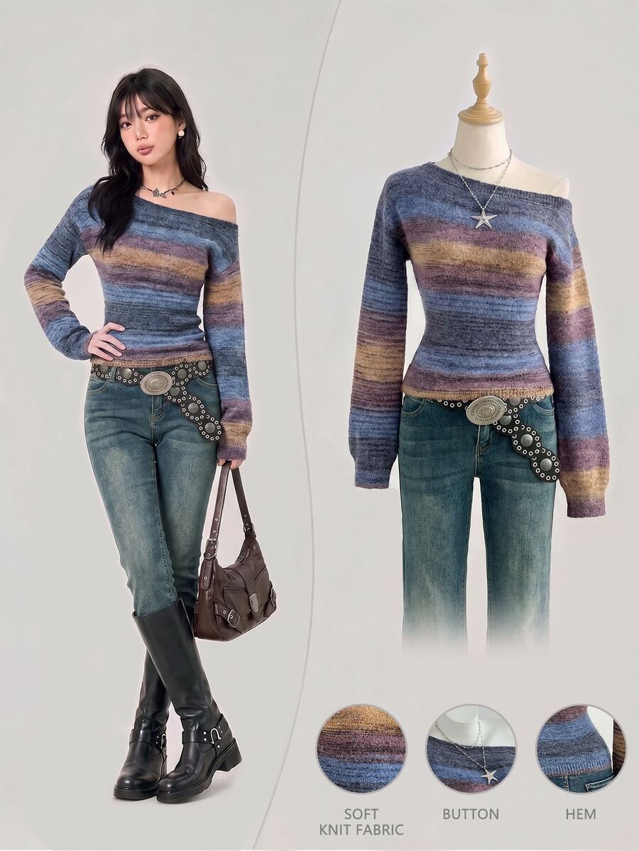 Elamini Women's Gradient Asymmetric Shoulder Blue And White Striped Color Block Fitted Lantern Sleeve Sweater, Fall/ Night Out Streetwear Y2k 2000s Punk - Multicolor - View 1