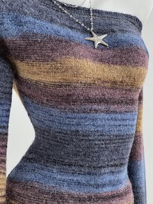 Elamini Women's Gradient Asymmetric Shoulder Blue And White Striped Color Block Fitted Lantern Sleeve Sweater, Fall/ Night Out Streetwear Y2k 2000s Punk - Multicolor - View 4