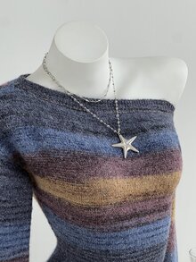 Elamini Women's Gradient Asymmetric Shoulder Blue And White Striped Color Block Fitted Lantern Sleeve Sweater, Fall/ Night Out Streetwear Y2k 2000s Punk - Multicolor - View 5