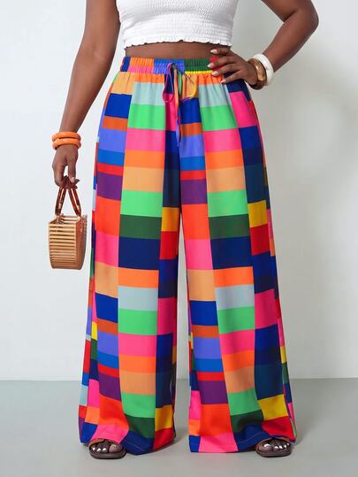 Zivah Plus Size Women's High Waist Wide Leg Palazzo Pants,Royal Blue,Summer,Boho,Holiday,Pride Month Plaid Patchwork Loose Trousers Beach Vacation Music